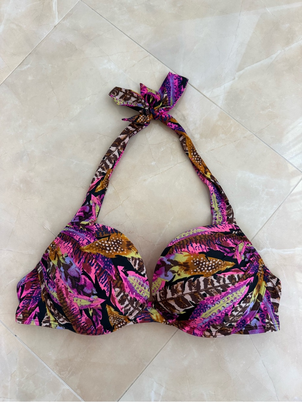 Victoria's Secret Bombshell halter bikini top vibrant neon feather print